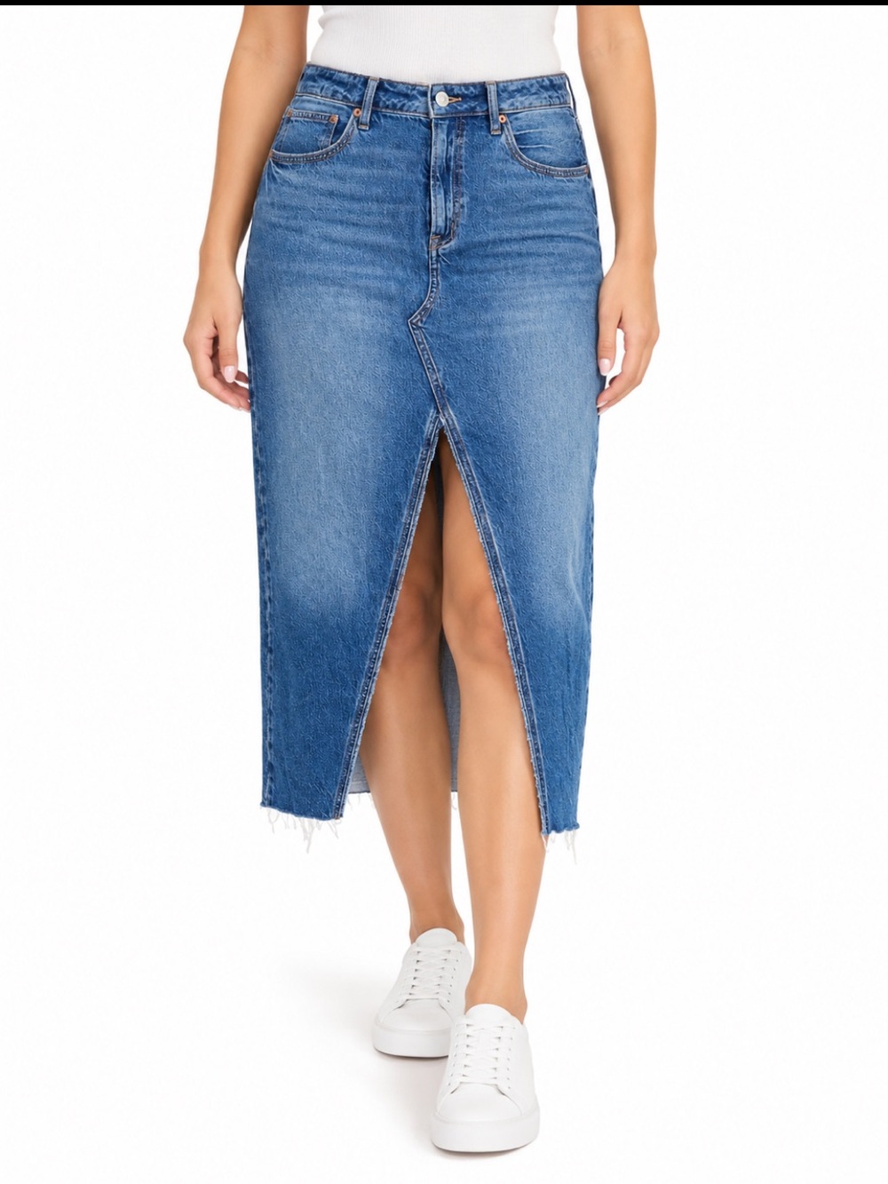 American Eagle Low Rise Maxi Denim Skirt Woman 12 Front Slit Raw Hem Streetwear